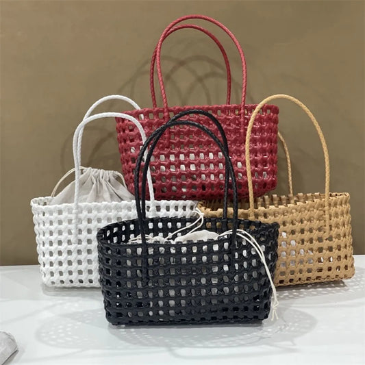 Woven Plastic Tote Bag – Retro Grid Shoulder Handbag for Women Summer Beach Style
