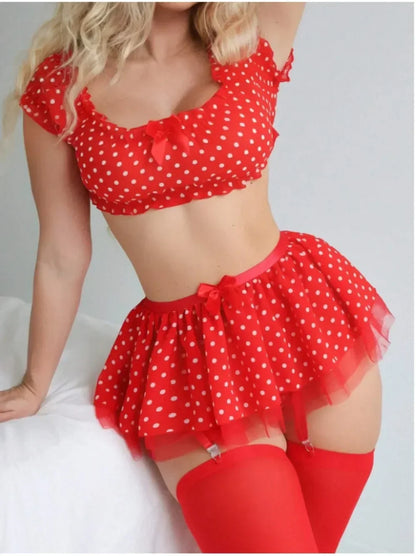Cute Polka Dot Lingerie Set – Off Shoulder Babydoll Sleepwear for Women