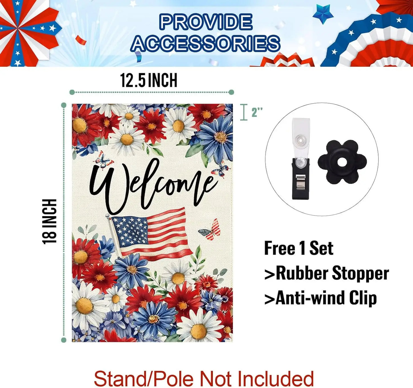 Patriotic Daisy Garden Flag Double Sided Burlap,4th of July Memorial Day Red and Blue Flower Welcom