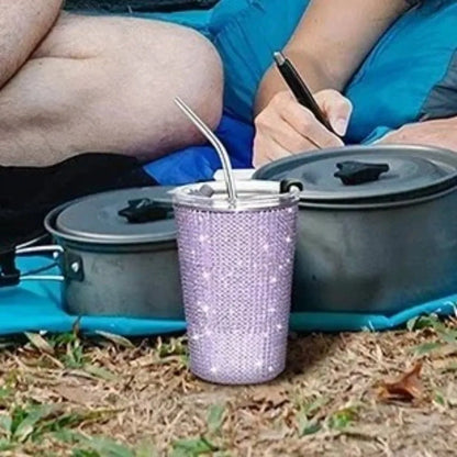 500ml Rhinestone Stainless Steel Water Bottle with Straw Luxury Sparkling Cup