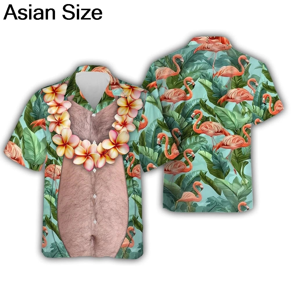 Funny Big Belly Hawaiian Shirt Y2K Tropical Vacation Button Down Top