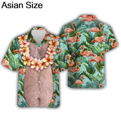 Funny Big Belly Hawaiian Shirt Y2K Tropical Vacation Button Down Top