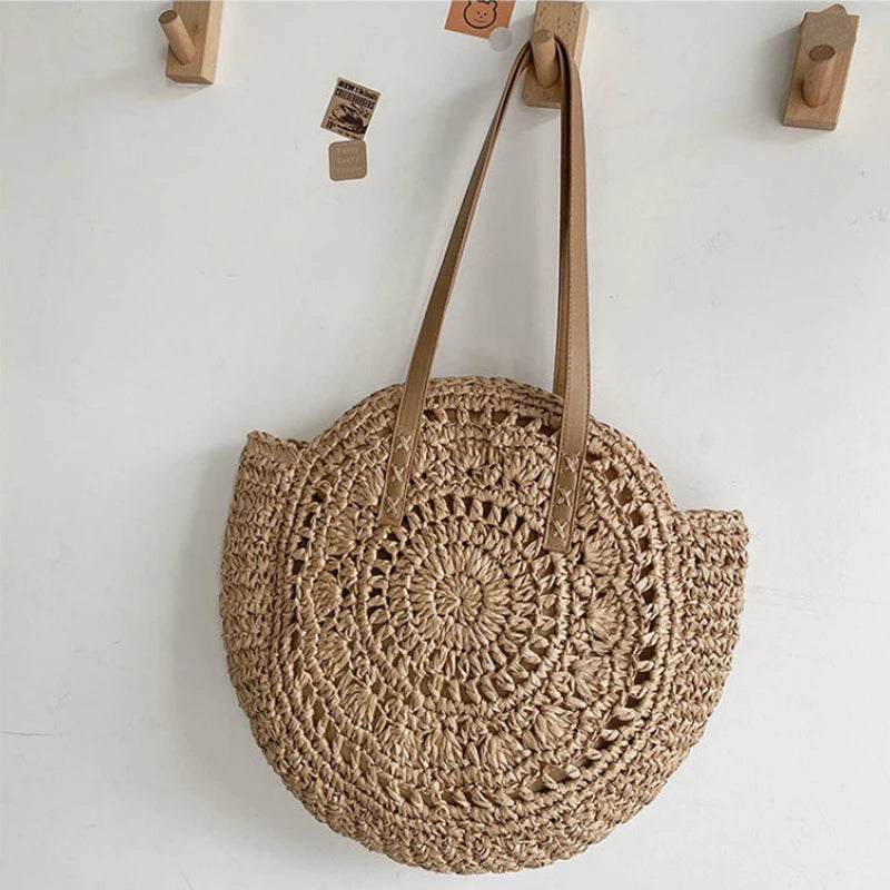 Boho Round Straw Tote Bag – Handmade Crochet Shoulder Beach Bag for Women