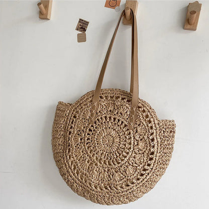 Boho Round Straw Tote Bag – Handmade Crochet Shoulder Beach Bag for Women
