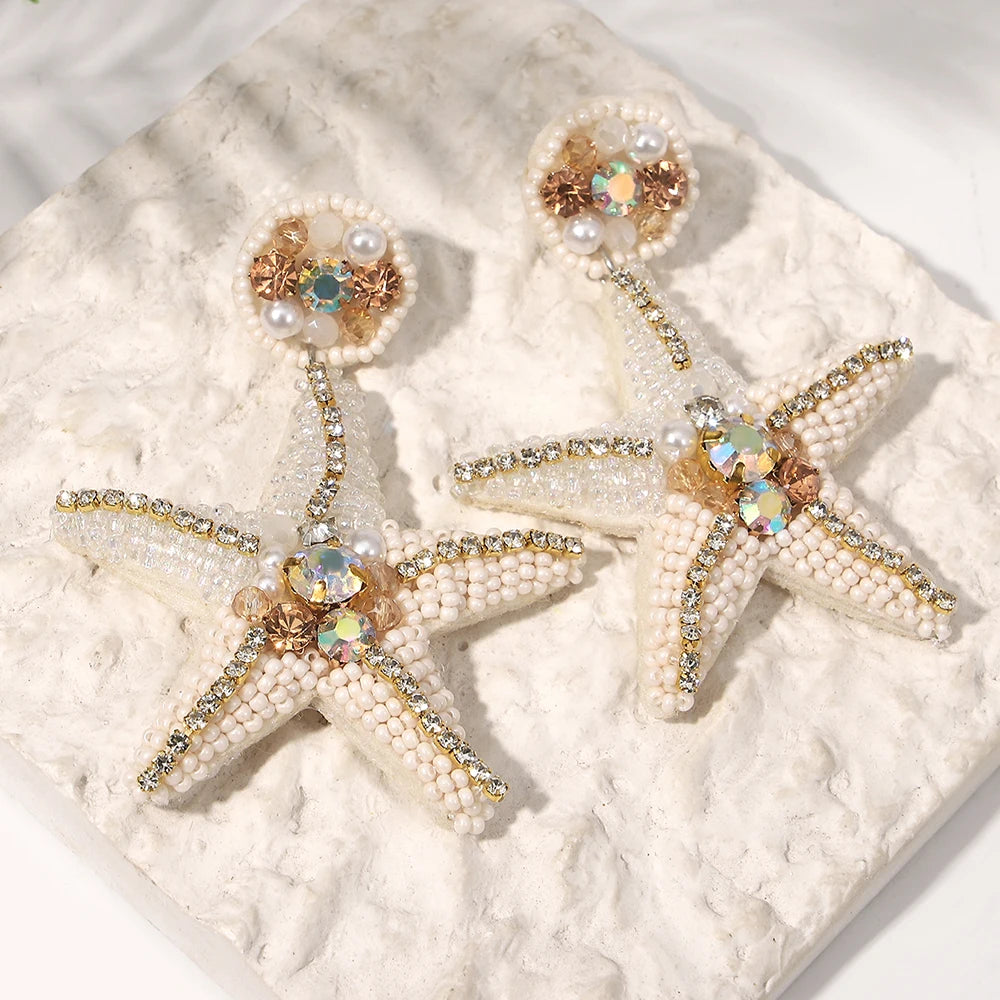 Boho Beach Statement Earrings – Handmade Beaded Starfish Seahorse Shell Drop Earrings for Women
