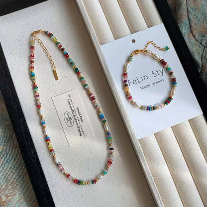 Boho Colorful Beaded Necklace – Handmade Pearl & Gemstone Choker Jewelry for Women, Trendy Vintage Layering Necklace Gift