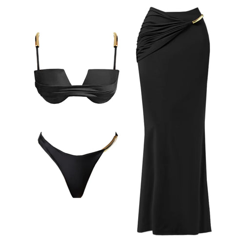 3Pcs Push Up Bikini 2026 New Swimsuit Women Sexy Swimwear Female Bandeau Biquini Solid Black Bathingsuit Swimming Suit Beachwear
