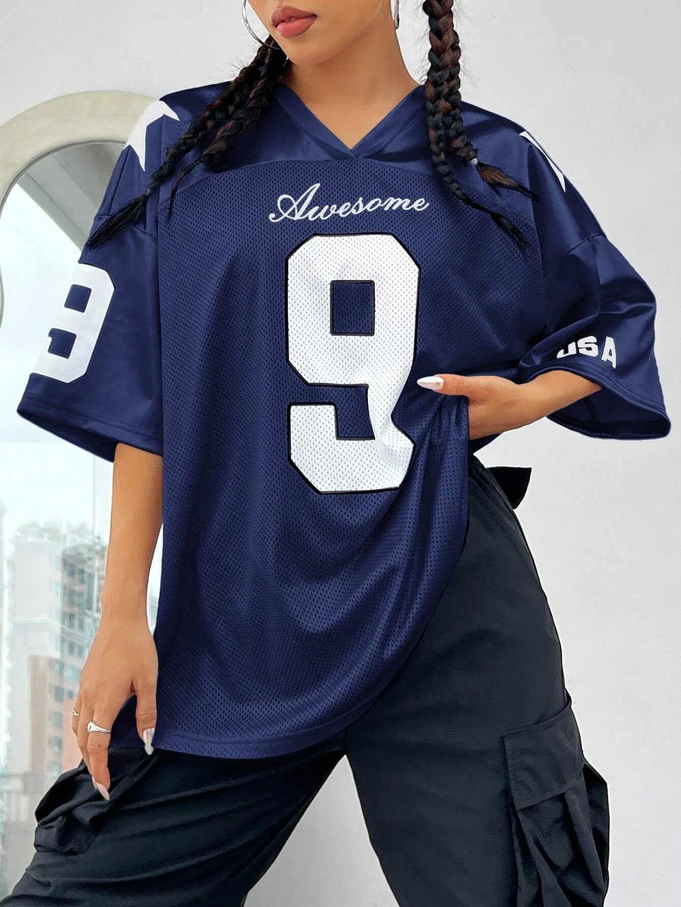 2026 New York No.9 Oversized Jersey T-Shirt Women V-Neck Sport Style Breathable Summer Streetwear Tee