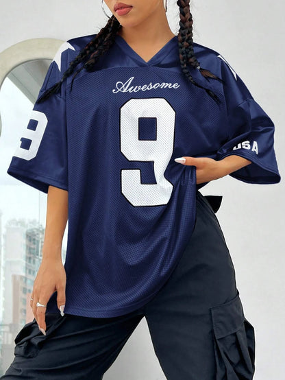 2026 New York No.9 Oversized Jersey T-Shirt Women V-Neck Sport Style Breathable Summer Streetwear Tee