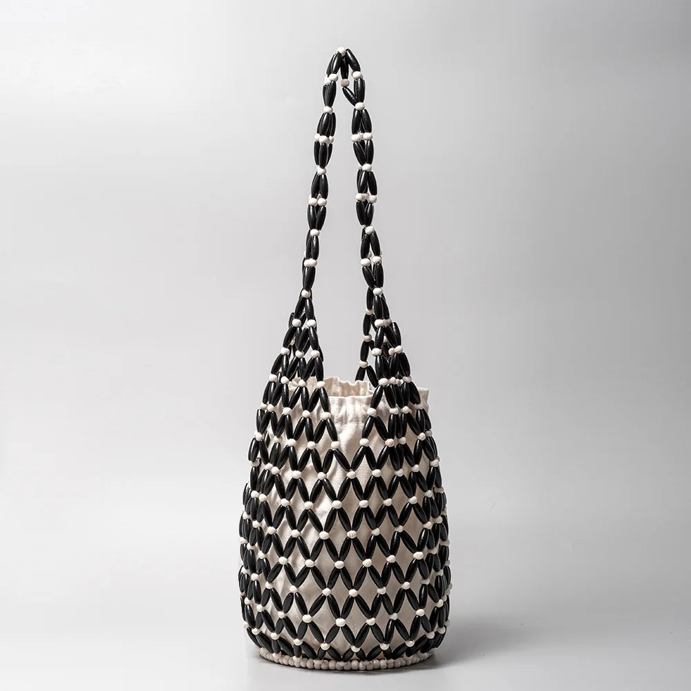 Woven Net Tote Bag with Wooden Beads | Summer Boho Beach Handbag