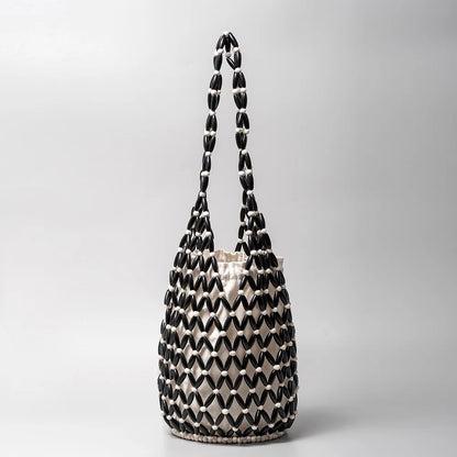 Woven Net Tote Bag with Wooden Beads | Summer Boho Beach Handbag