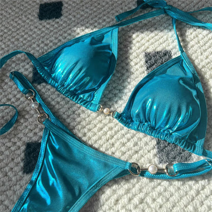 PU Faux Leather Halter Thong Bikini Set Women Two Piece Swimsuit Y2K Festival Swimwear
