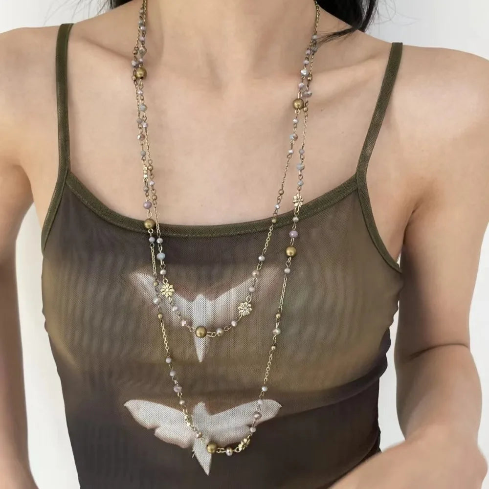 Vintage Layered Beaded Necklace – Boho Long Chain Pendant Necklace for Women