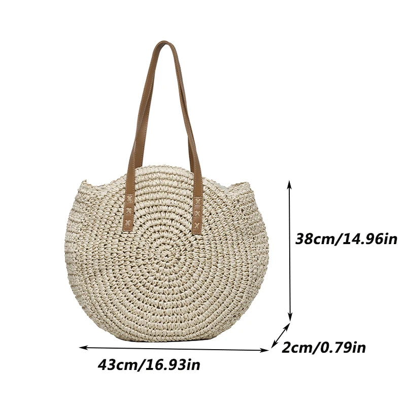 Boho Round Straw Tote Bag – Handmade Crochet Shoulder Beach Bag for Women