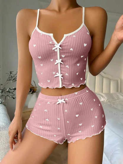 Cute Heart Print Pajama Set – Women’s Ribbed Cami Top & Shorts Sleepwear, Soft Summer Lounge Set