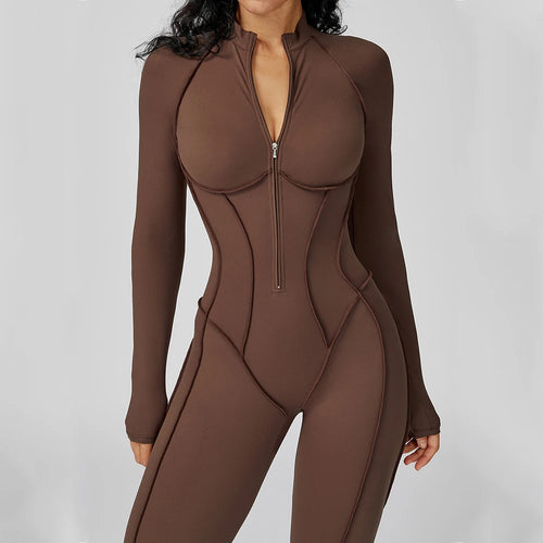 Chocolate Brown Sculpting Zip-Front Long Sleeve Jumpsuit