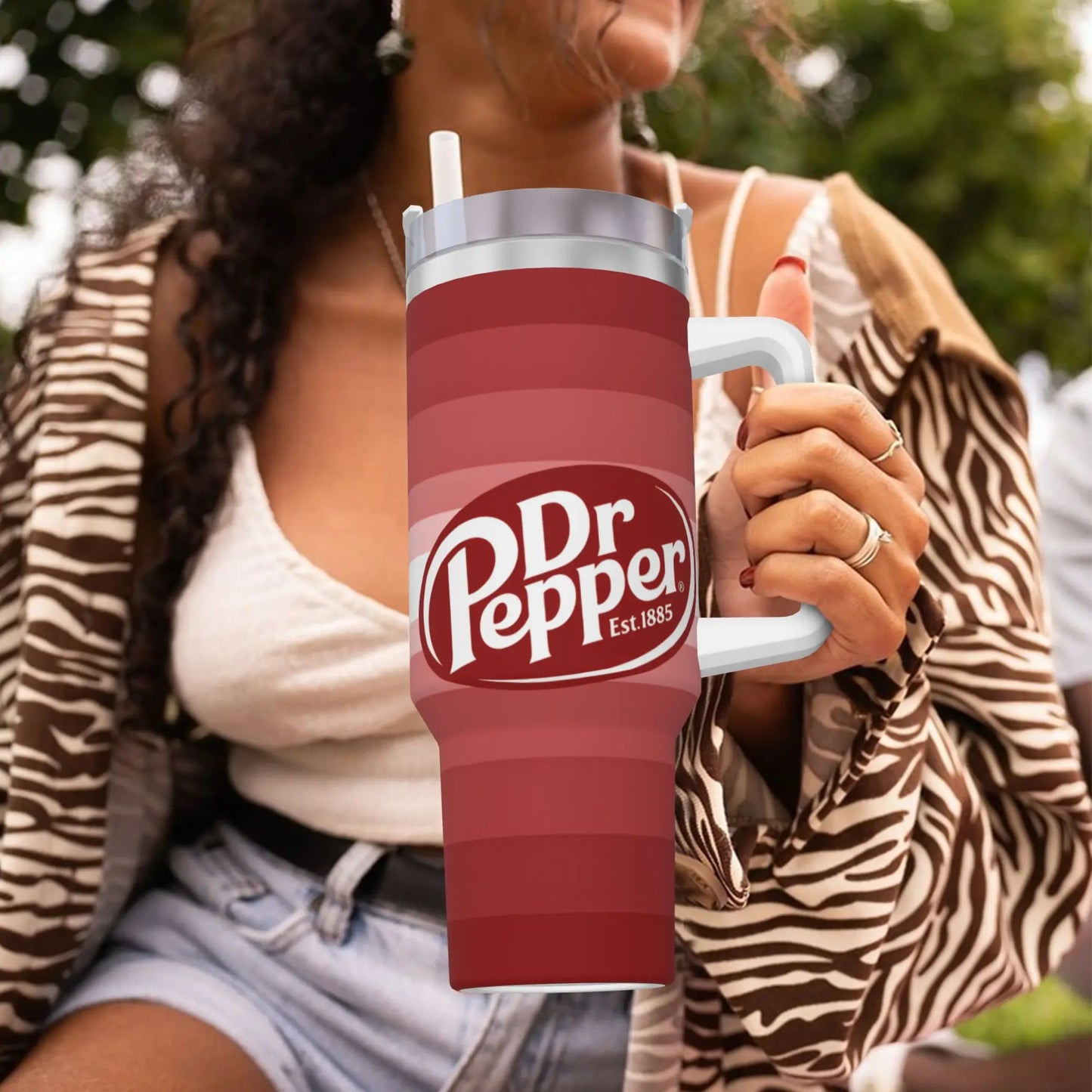 Dr Pepper Inspired Striped Tumbler – 40oz Stainless Steel Travel Mug with Handle