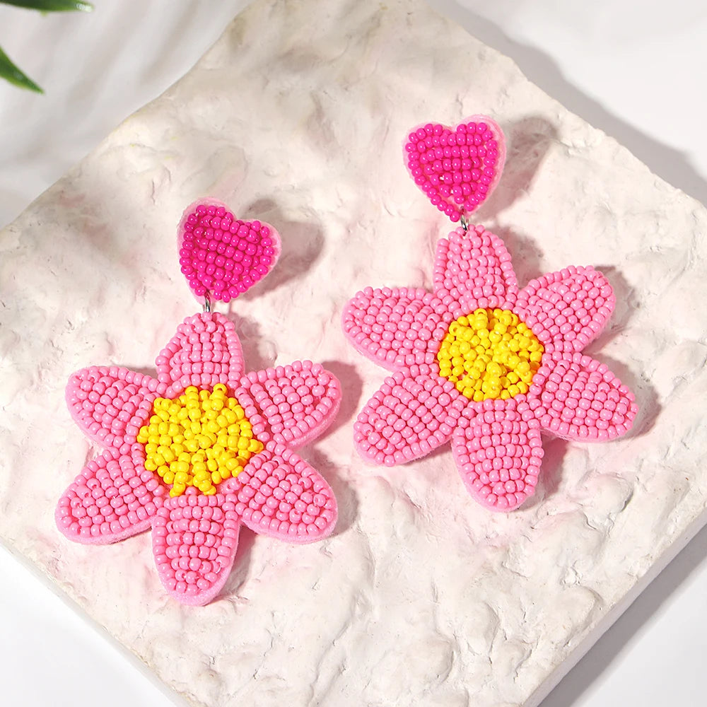 Boho Beach Statement Earrings – Handmade Beaded Starfish Seahorse Shell Drop Earrings for Women