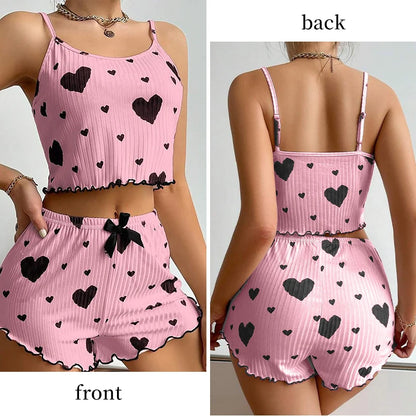 Cute Heart Print Pajama Romper – Women’s Sleeveless Summer Lounge Wear