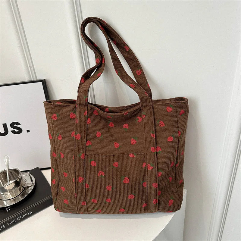 Cherry Print Canvas Tote Bag – Cute Aesthetic Shoulder Handbag for Women
