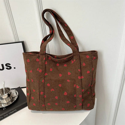 Cherry Print Canvas Tote Bag – Cute Aesthetic Shoulder Handbag for Women