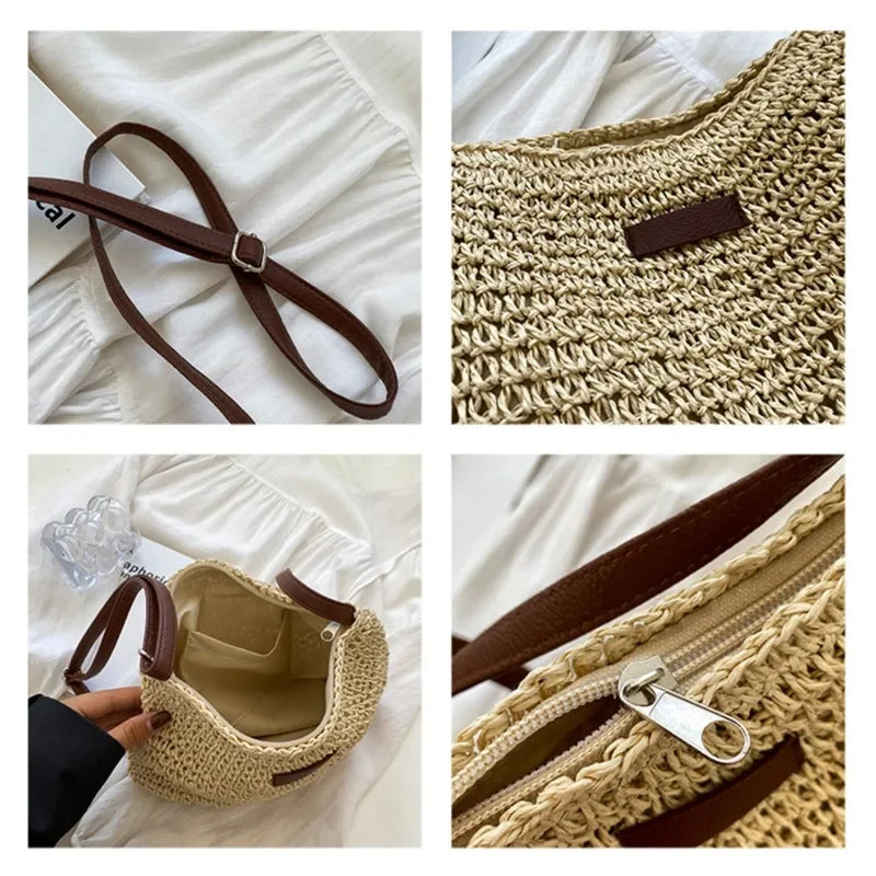 Boho Straw Crossbody Bag – Woven Rattan Shoulder Purse for Women Summer Style