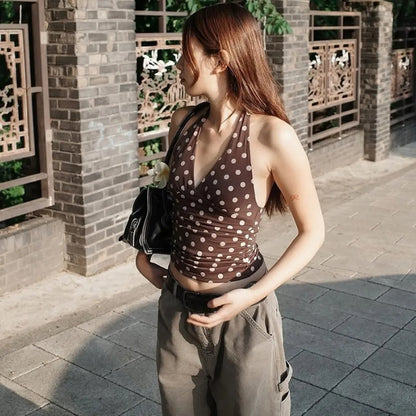 Polka Dots Tank Tops Women Sexy Low-Neck Off Shoulders Backless Street Fashion Versatile Style Ruched Elegant Outfits