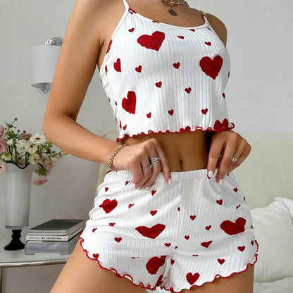 Cute Heart Print Pajama Romper – Women’s Sleeveless Summer Lounge Wear