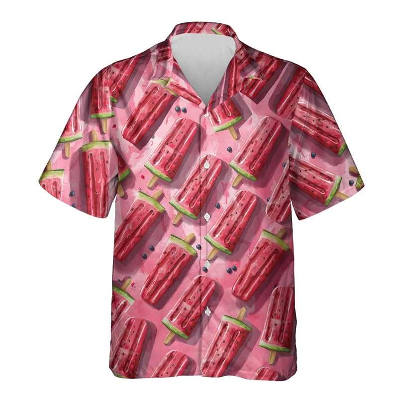 Watermelon Graphic Hawaiian Shirt 3D Fruit Print Summer Button Up Top