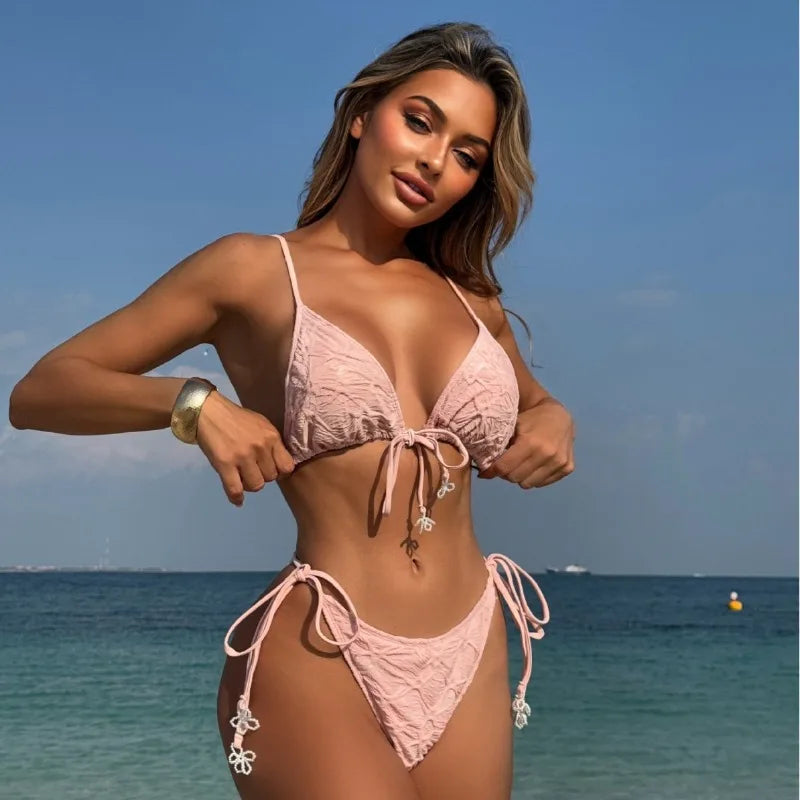 Women's Bikini Sets Ribbed Two Piece Swimsuits Underwire Adjustable Back  Bathing Suit Side Tie Triangle Thong Swimwear