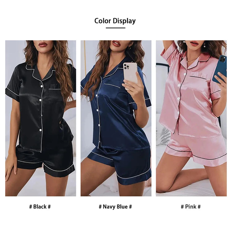 Women’s Satin Pajama Set – Button Down Short Sleeve Sleepwear with Shorts, Soft Summer Loungewear 2 Piece Nightwear