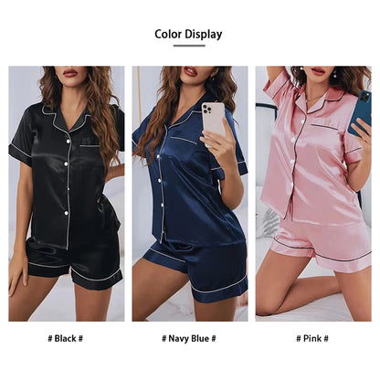 Women’s Satin Pajama Set – Button Down Short Sleeve Sleepwear with Shorts, Soft Summer Loungewear 2 Piece Nightwear