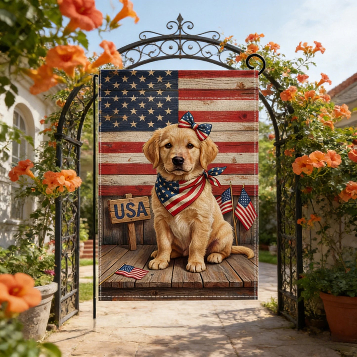 4th of July Yard Flags Red White and Blue Flower Dog Patriotic Garden Flag for Lawn Outdoor Holiday Decorations