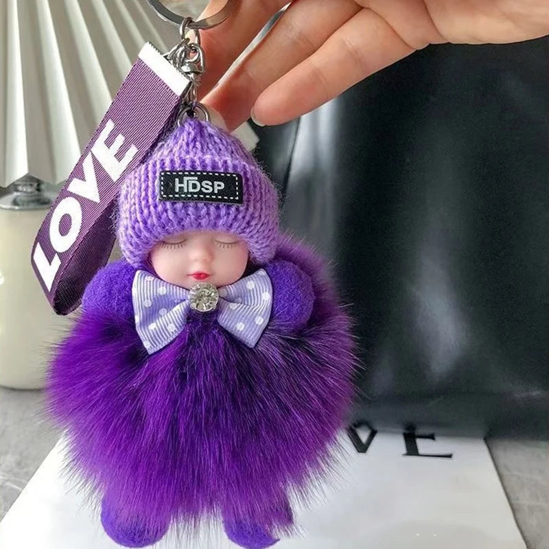 Cute Sleeping Baby Keychain – Fluffy Pom Pom Doll Bag Charm