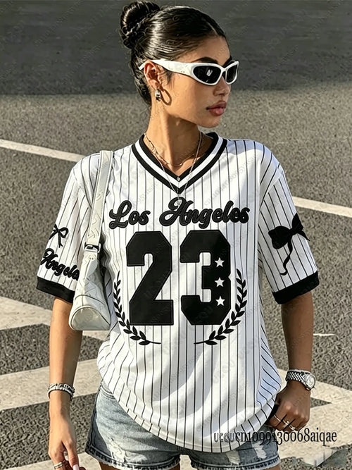 Summer New Los Angeles 23 Print Stripe T-shirt For Women V-Neck Short Sleeve Tees Sports Football Jersey Y2K Loose Oversized Top