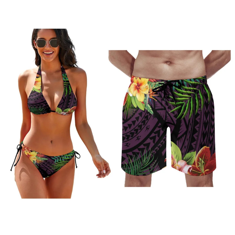 Matching Couple Hawaiian Swimwear Set – Tropical Bikini & Men’s Beach Shorts