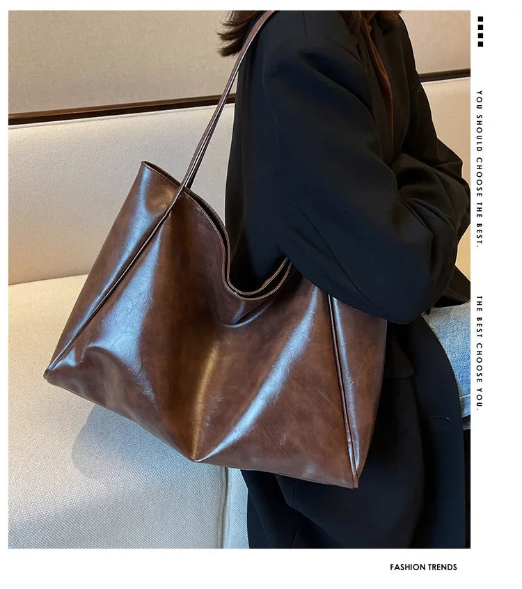 Vintage Leather Hobo Tote Bag – Large Capacity Slouchy Shoulder Handbag for Women