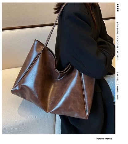Vintage Leather Hobo Tote Bag – Large Capacity Slouchy Shoulder Handbag for Women