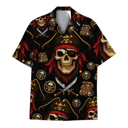 Skeleton Pirate Captain Hawaiian Shirt Cartoon Summer Beach Button Up