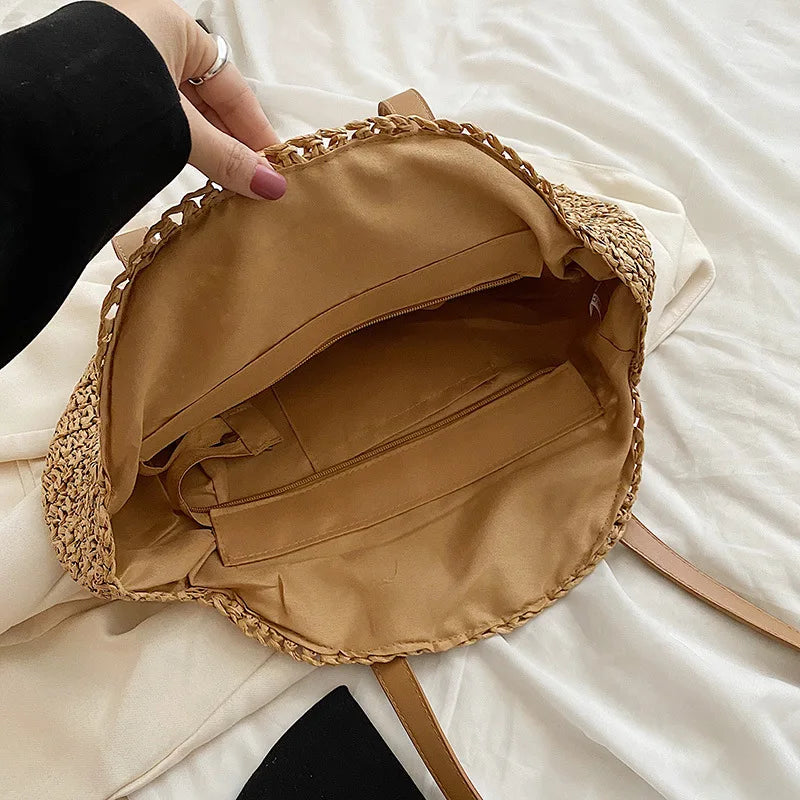 Boho Round Straw Tote Bag – Handmade Crochet Shoulder Beach Bag for Women