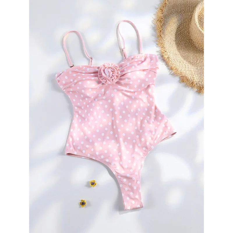Pink Flower High Cut Bikini Women Push Up Swimsuit Retro Dot Print Summer Beachwear