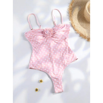 Pink Flower High Cut Bikini Women Push Up Swimsuit Retro Dot Print Summer Beachwear
