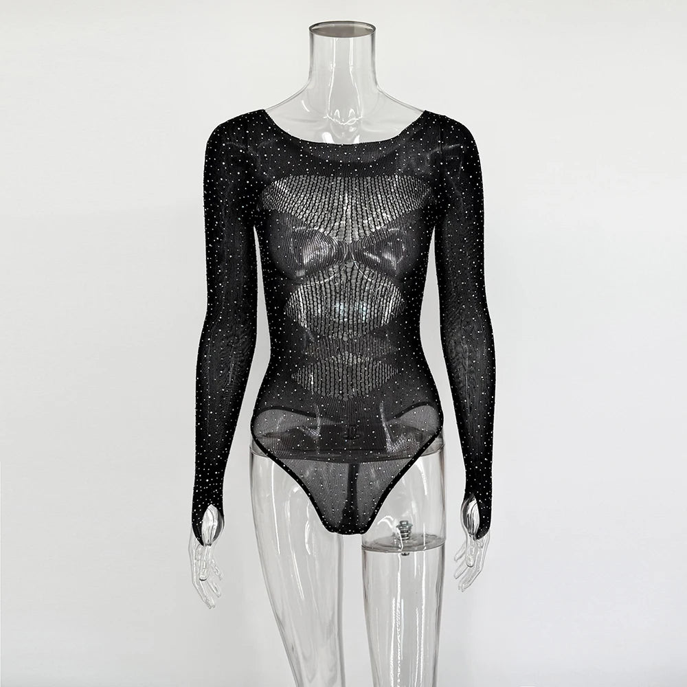 Women's Sexy Black Bodysuits Rhinestone Lingerie Sparkling Jumpsuit 2026 Fashion New Female Date Party Clubwear Outfits