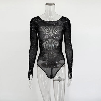 Women's Sexy Black Bodysuits Rhinestone Lingerie Sparkling Jumpsuit 2026 Fashion New Female Date Party Clubwear Outfits
