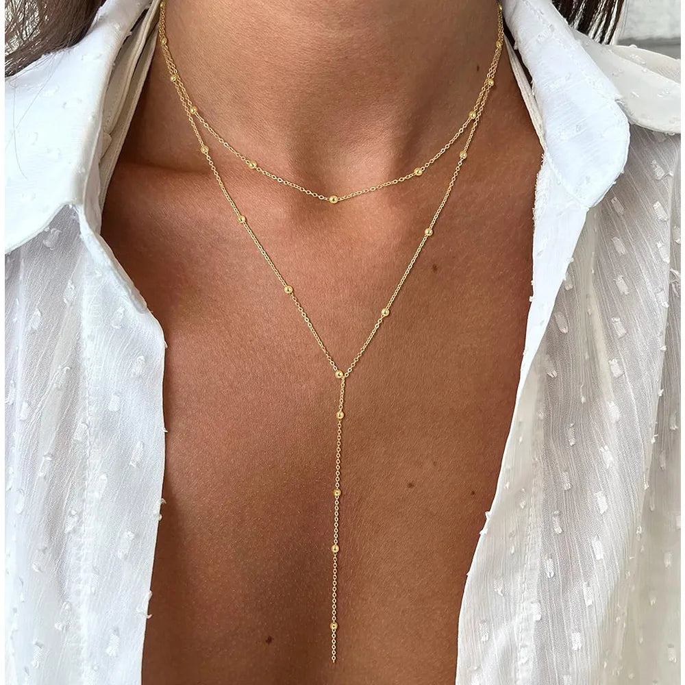 Gold Layered Y Necklace – Minimalist Dainty Lariat Necklace for Women Elegant Jewelry