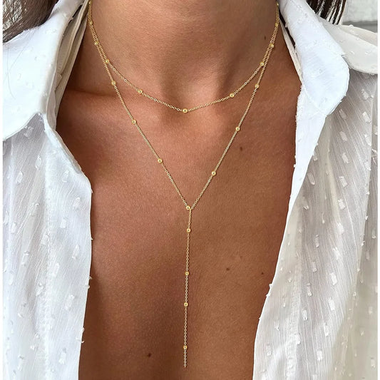Gold Layered Y Necklace – Minimalist Dainty Lariat Necklace for Women Elegant Jewelry
