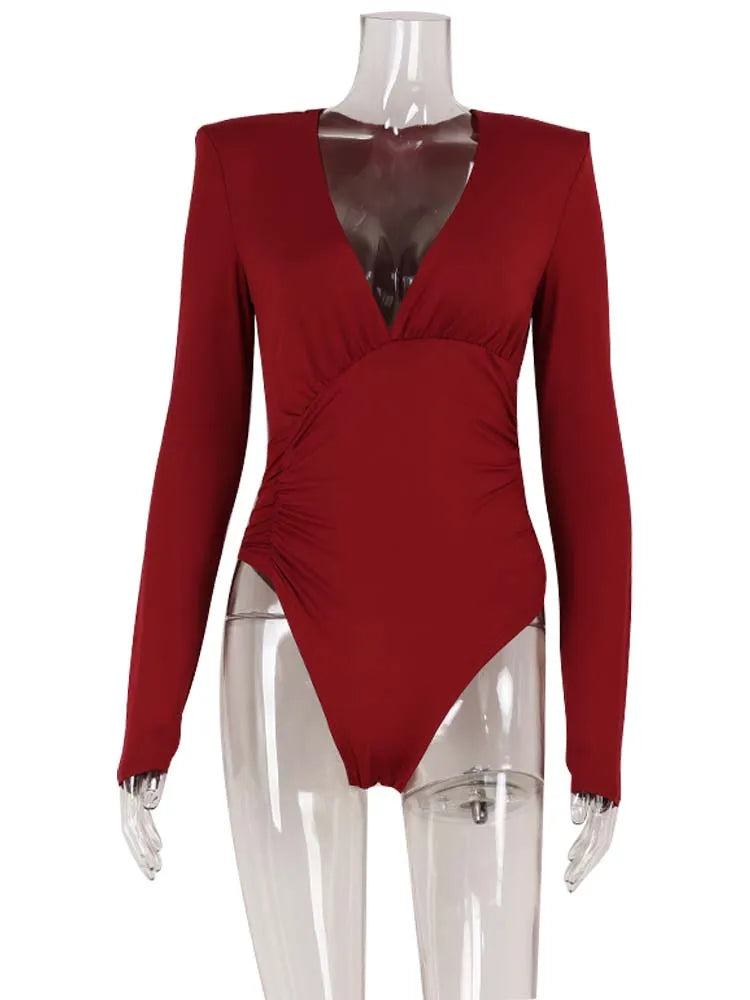 Women's Bodysuits Solid Regular Long Sleeves Deep V-Neck Basic Tops Skinny Streetwear Slim Fit Female T Shirts