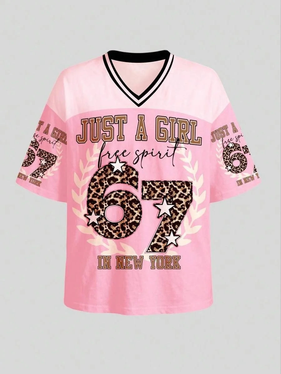 Six Seven New York Leopard Print Jersey T-Shirt Women Retro Streetwear Oversized Casual Graphic Tee