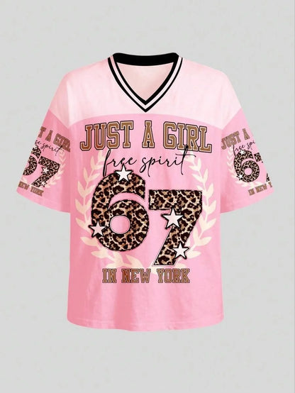 Six Seven New York Leopard Print Jersey T-Shirt Women Retro Streetwear Oversized Casual Graphic Tee