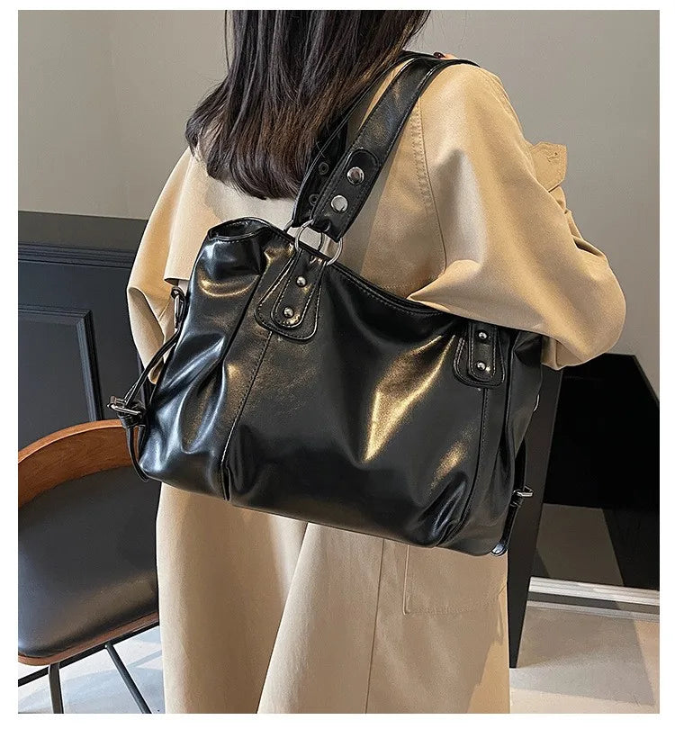 Vintage Leather Tote Shoulder Bag – Large Capacity Crossbody Handbag for Women